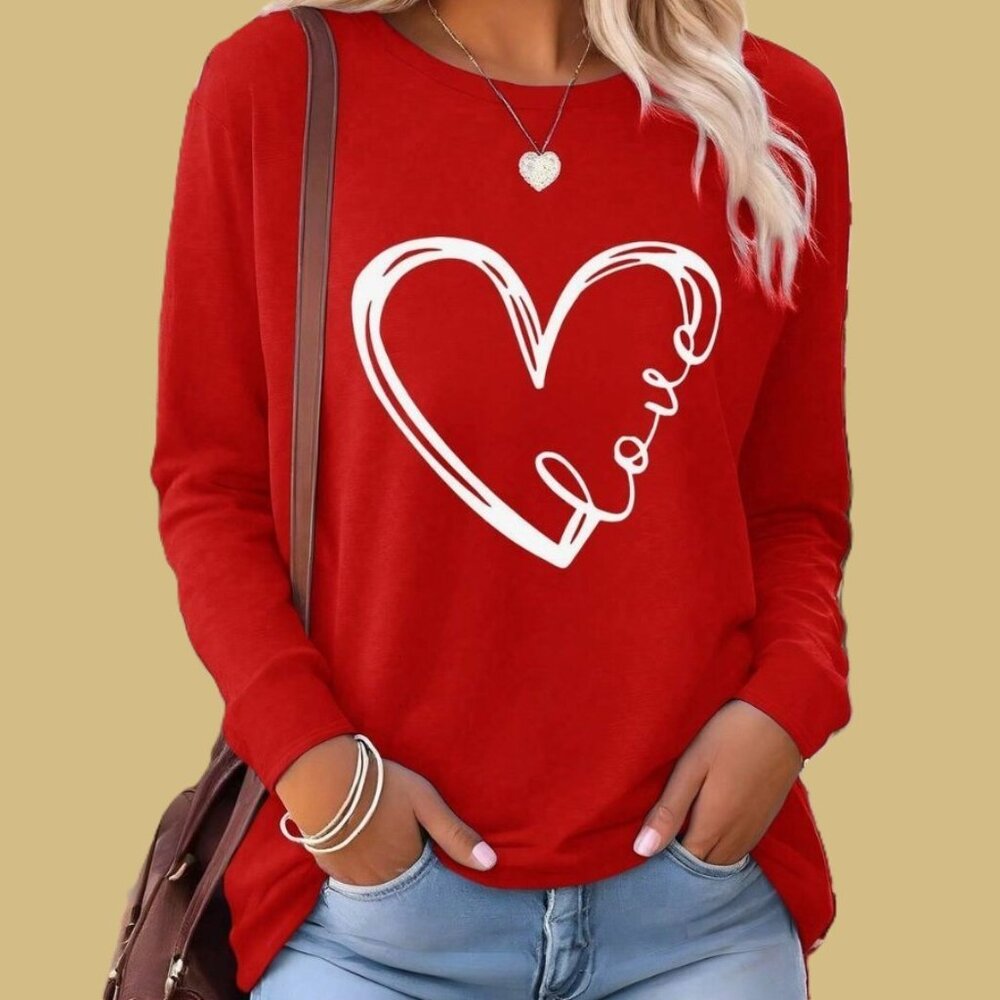 New WOMEN'S HEART PRINT TEE-SHIRT Red Size XL